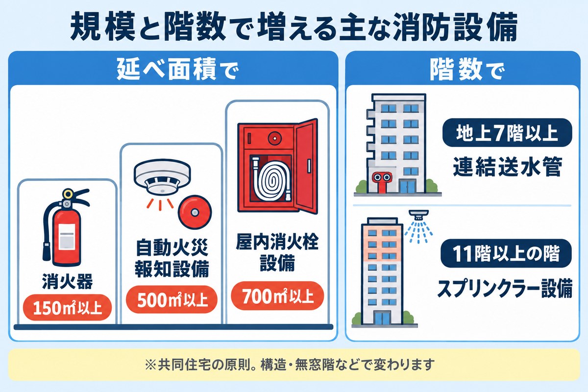 共同住宅で延べ面積と階数に応じて必要になる主な消防設備(消火器150㎡以上・自動火災報知設備500㎡以上・屋内消火栓設備700㎡以上・地上7階以上で連結送水管・11階以上の階でスプリンクラー設備)