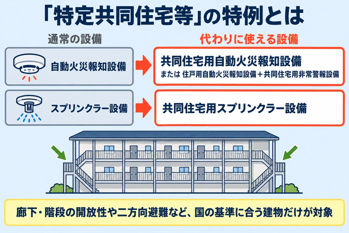 特定共同住宅等の特例で、自動火災報知設備やスプリンクラー設備の代わりに共同住宅用の設備を使える