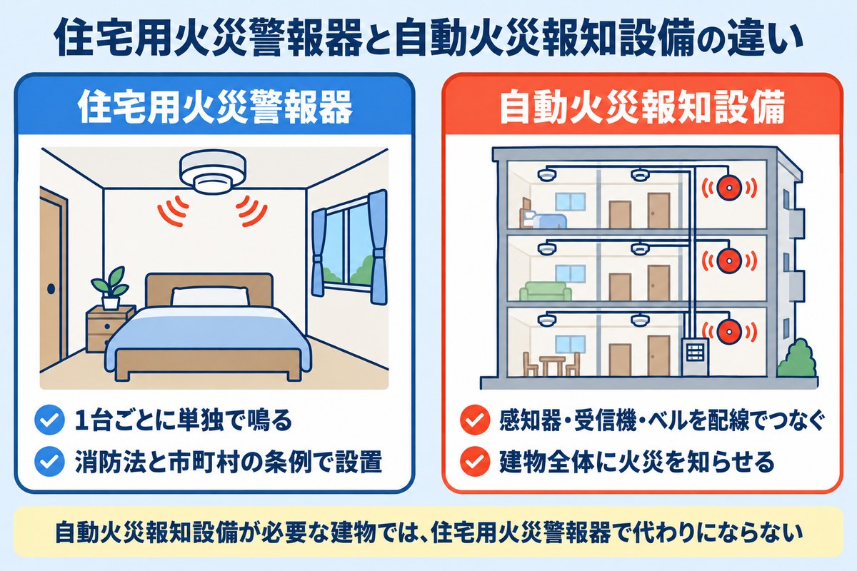 住宅用火災警報器は1台ごとに単独で鳴り、自動火災報知設備は感知器・受信機・ベルを配線でつないで建物全体に知らせる