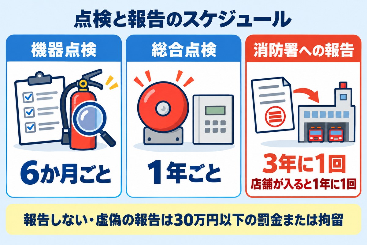 消防設備の機器点検は6か月ごと、総合点検は1年ごと、消防署への報告は3年に1回(店舗が入ると1年に1回)