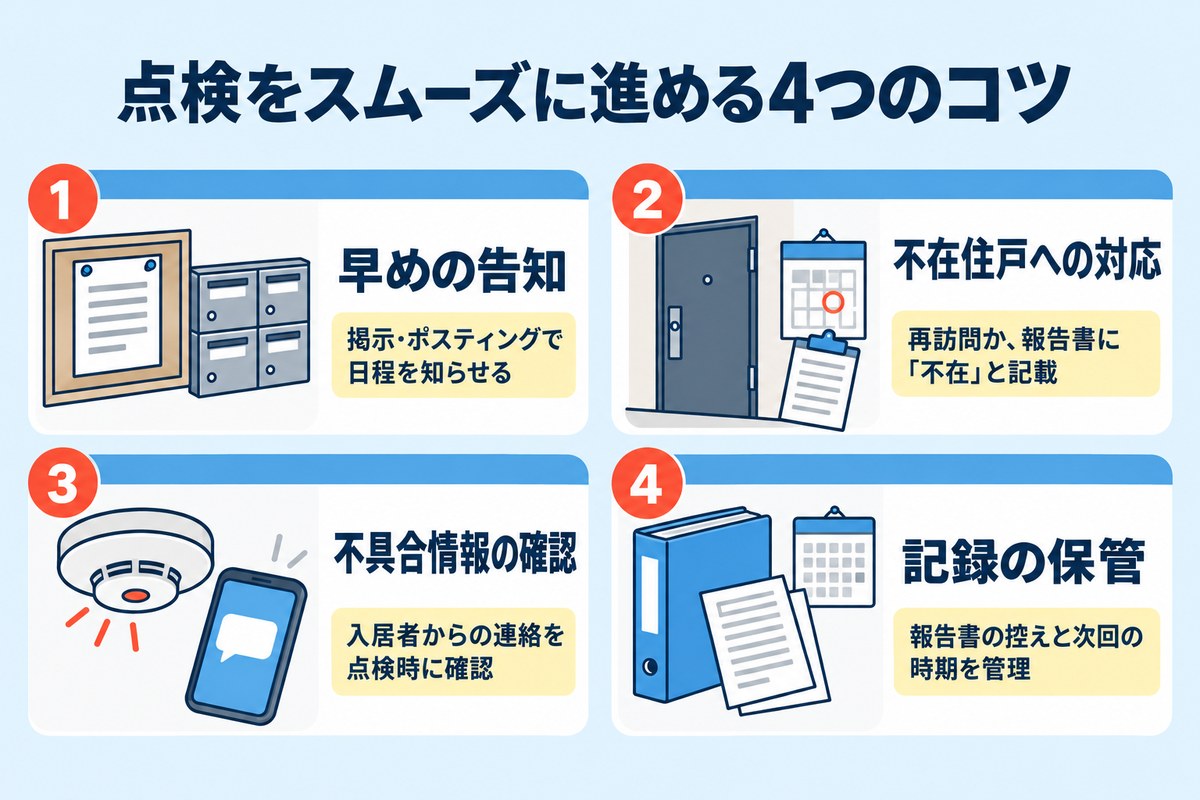 共同住宅の消防設備点検をスムーズに進める4つのコツ(早めの告知・不在住戸への対応・不具合情報の確認・記録の保管)
