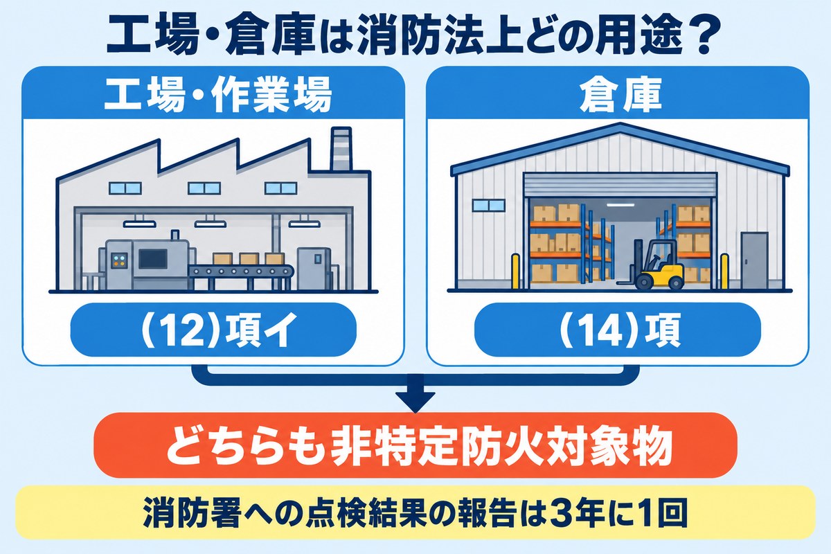 工場・作業場は令別表第一(12)項イ、倉庫は(14)項。どちらも非特定防火対象物で、点検結果の報告は3年に1回
