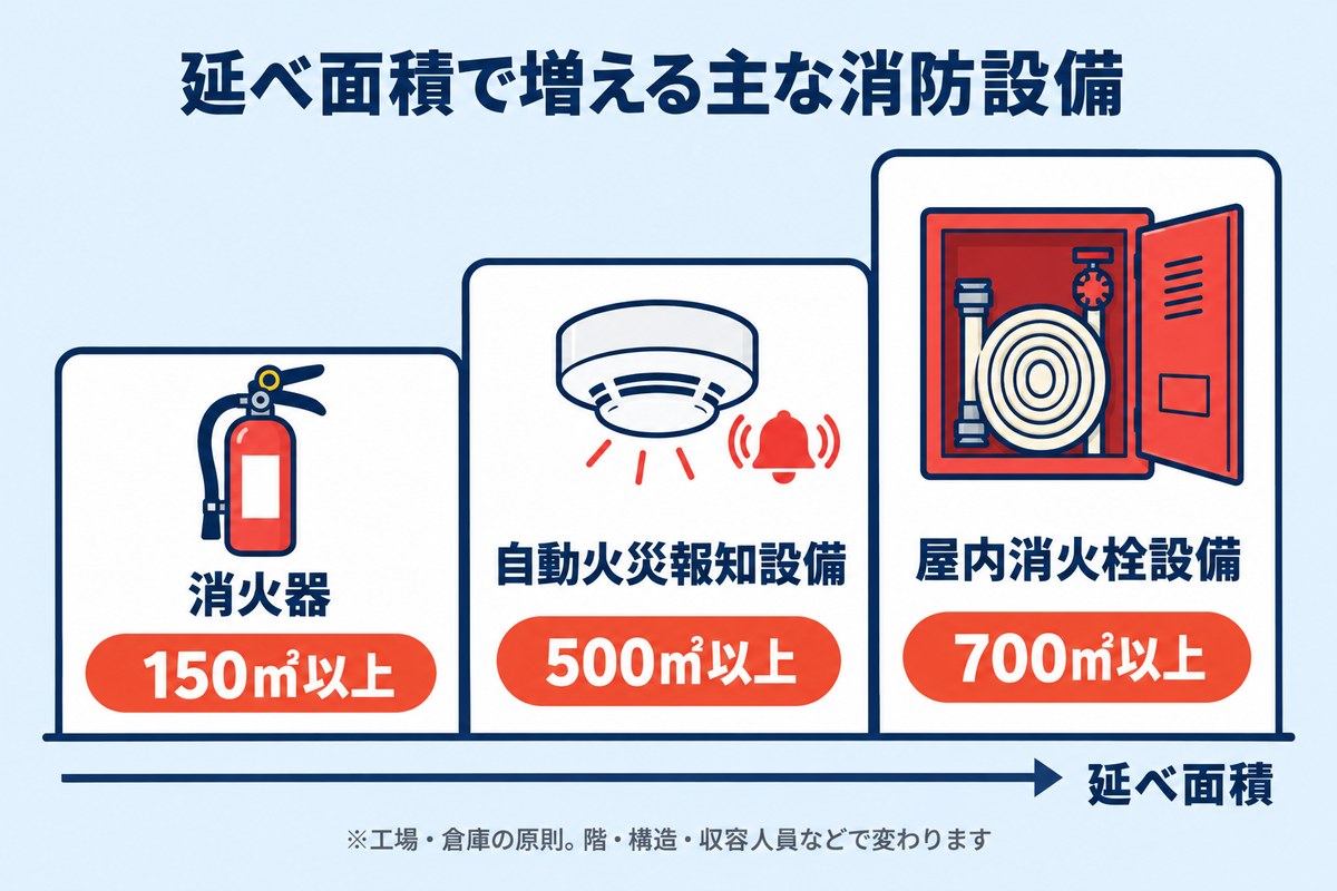 工場・倉庫で延べ面積に応じて必要になる主な消防設備(消火器150㎡以上・自動火災報知設備500㎡以上・屋内消火栓設備700㎡以上)