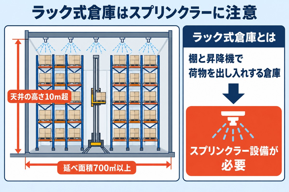 天井の高さ10m超かつ延べ面積700㎡以上のラック式倉庫にはスプリンクラー設備が必要