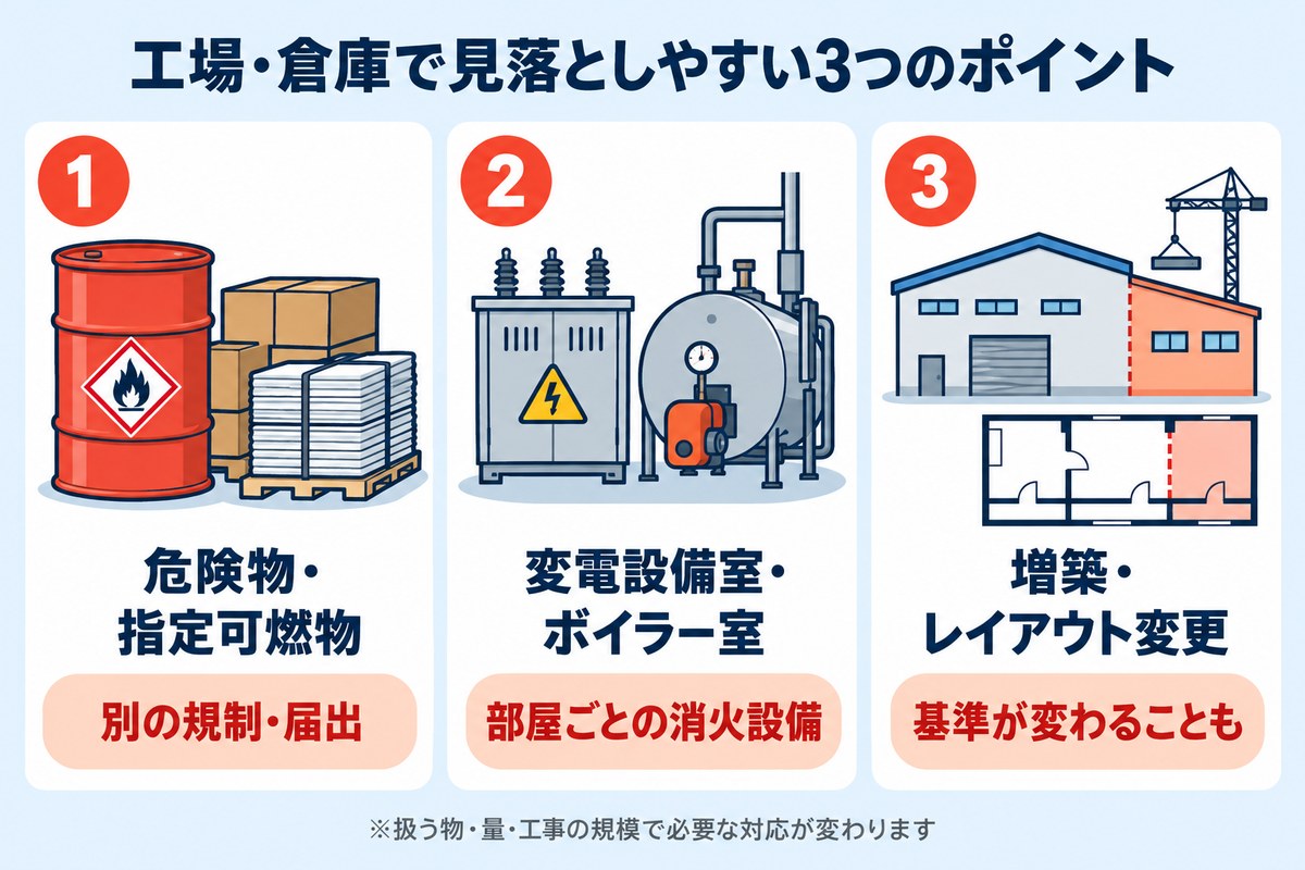 工場・倉庫で見落としやすい3つのポイント(危険物・指定可燃物、変電設備室・ボイラー室、増築・レイアウト変更)
