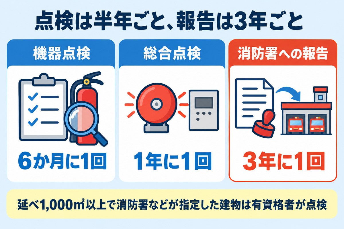 消防設備の機器点検は6か月に1回、総合点検は1年に1回、消防署への報告は3年に1回