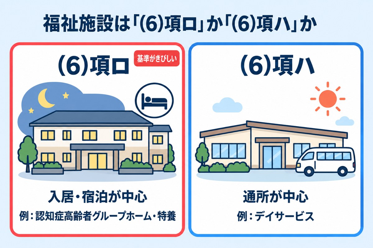 福祉施設の区分の比較図。(6)項ロは入居・宿泊が中心で基準がきびしい(例:認知症高齢者グループホーム・特養)、(6)項ハは通所が中心(例:デイサービス)
