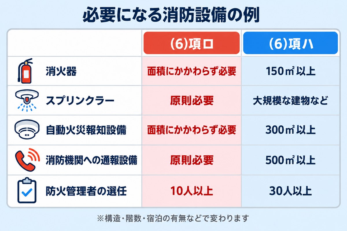 必要になる消防設備の例。(6)項ロは消火器・自動火災報知設備が面積にかかわらず必要、スプリンクラー・消防機関への通報設備が原則必要、防火管理者の選任は10人以上。(6)項ハは消火器150㎡以上、スプリンクラーは大規模な建物など、自動火災報知設備300㎡以上、通報設備500㎡以上、防火管理者の選任は30人以上