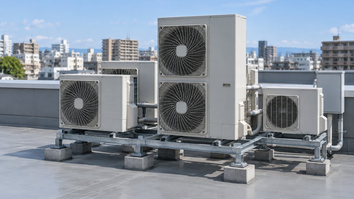 防水シートの屋上とパラペット、架台に載った室外機