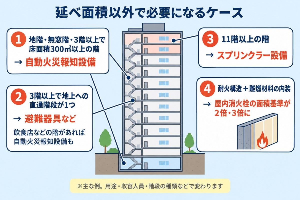 延べ面積以外で消防設備が必要になる主なケース(地階・無窓階・3階以上で床面積300㎡以上の階は自動火災報知設備、直通階段が1つの階は避難器具など、11階以上の階はスプリンクラー設備、耐火構造と難燃内装で屋内消火栓の面積基準が2倍・3倍)