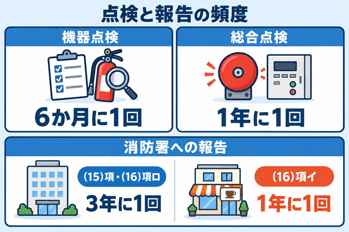 機器点検は6か月に1回、総合点検は1年に1回。消防署への報告は(15)項・(16)項ロが3年に1回、(16)項イが1年に1回