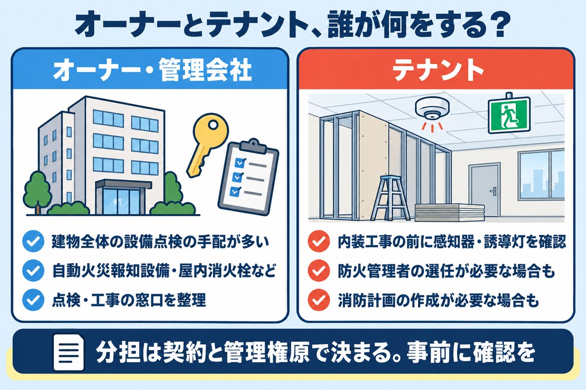オーナー・管理会社とテナントの役割分担の例。分担は契約と管理権原で決まるため事前に確認する