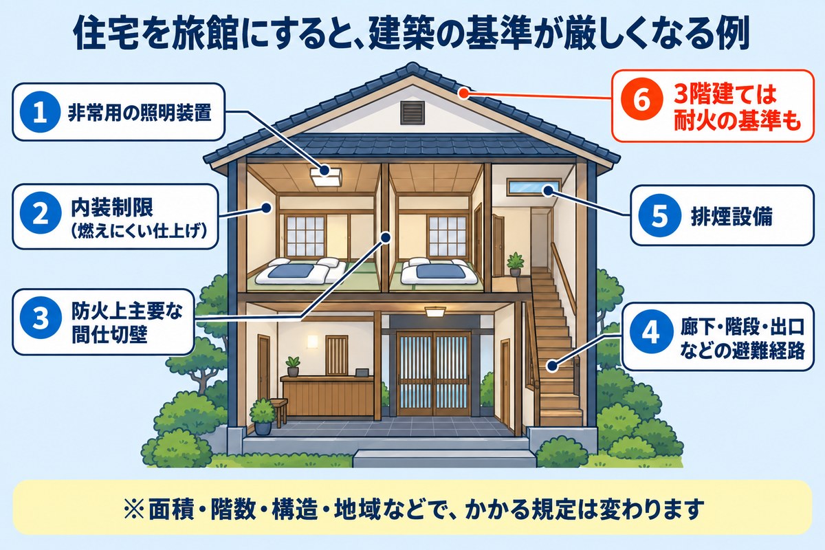 住宅を旅館にすると厳しくなる建築基準の例:非常用照明・内装制限・防火上主要な間仕切壁・避難経路・排煙設備・3階建ての耐火の基準