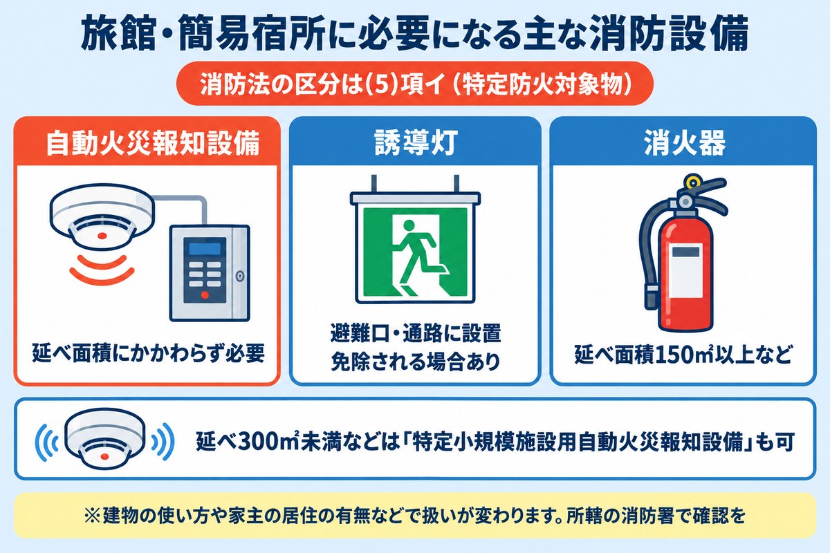 旅館・簡易宿所に必要になる主な消防設備:自動火災報知設備・誘導灯・消火器