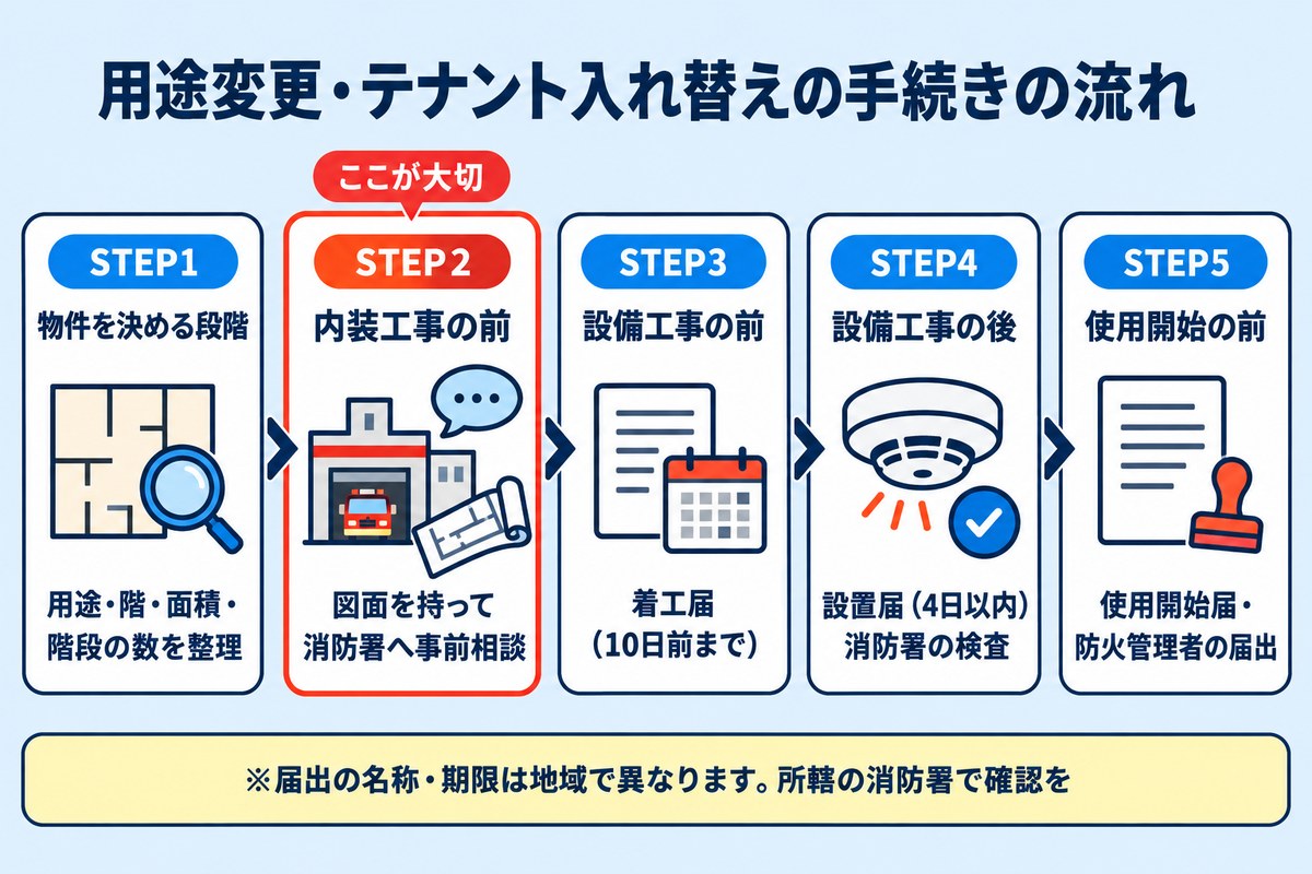 用途変更・テナント入れ替えの手続きの流れ。STEP1 物件を決める段階で用途・階・面積・階段の数を整理、STEP2 内装工事の前に図面を持って消防署へ事前相談(ここが大切)、STEP3 設備工事の前に着工届(10日前まで)、STEP4 設備工事の後に設置届(4日以内)と消防署の検査、STEP5 使用開始の前に使用開始届・防火管理者の届出。届出の名称・期限は地域で異なるため所轄の消防署で確認