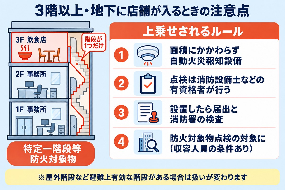 3階以上・地下に店舗が入るときの注意点。3階に飲食店があり地上への階段が1つだけの建物は特定一階段等防火対象物になり、1 面積にかかわらず自動火災報知設備、2 点検は消防設備士などの有資格者が行う、3 設置したら届出と消防署の検査、4 防火対象物点検の対象に(収容人員の条件あり)、のルールが上乗せされる。屋外階段など避難上有効な階段がある場合は扱いが変わる